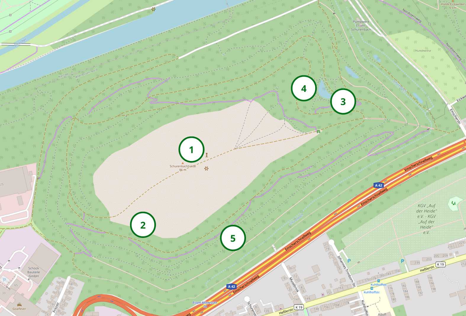 1. Fläche mit Rohboden
2. Temporärgewässer
3. Permanentes Gewässer
4. Trockene Wiese
5. Wald
Basierend auf einer Landkarte © OpenStreetMap-Beitragende