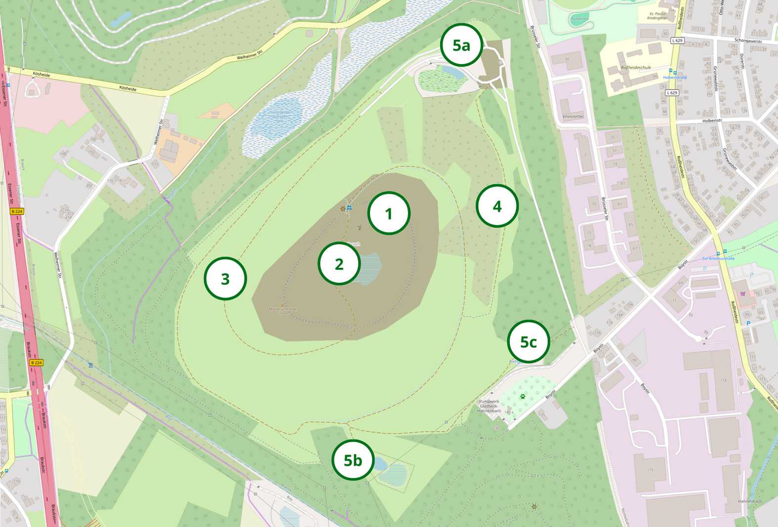1. Fläche mit Rohboden
2. Temporärgewässer
3. Offene, trockene Hochstaudenflur in Hanglage
4. Gebüsch und Industriewald
5. Rückhaltebecken etc.

Basierend auf einer Landkarte © OpenStreetMap-Beitragende