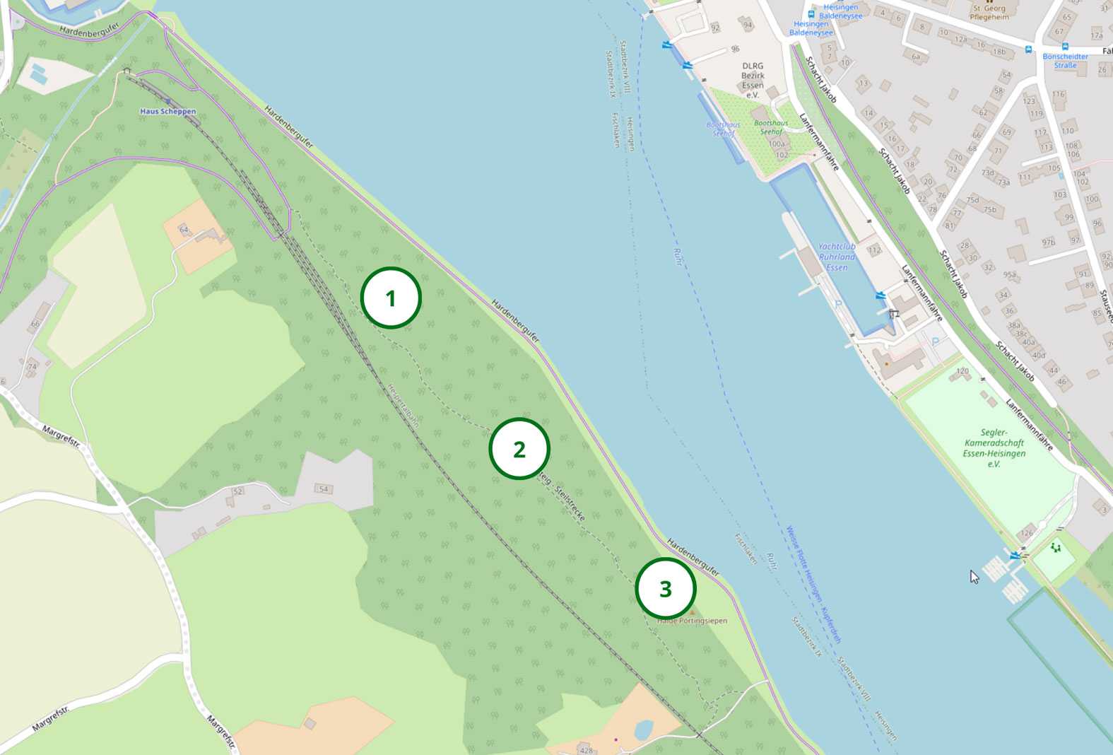1. Industriewald
2. Ebene Fläche mit Rohboden
3. Steilhang mit losem Bergematerial (Geröllfläche)
Basierend auf einer Landkarte © OpenStreetMap-Beitragende