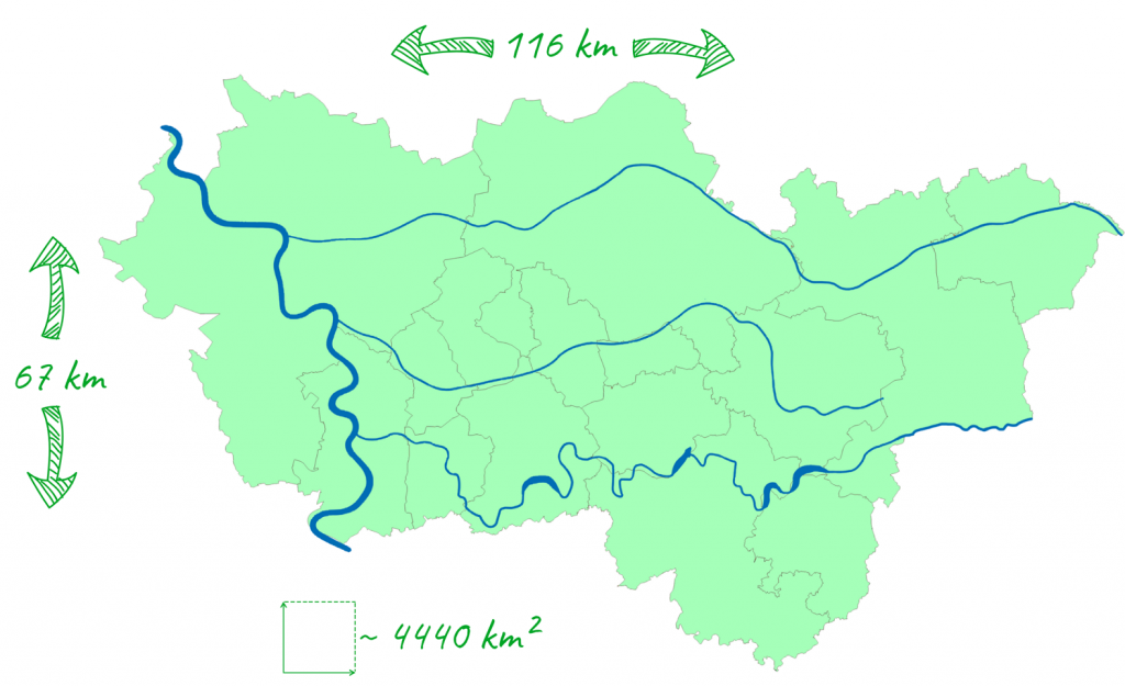 Grafik Ausdehnung und Fläche des Ruhrgebiets