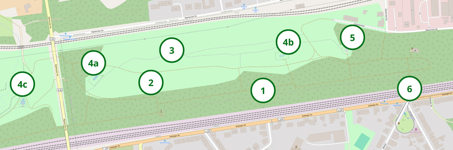 1. Industriewald
2. Ehemalige Gleisharfe mit Schotter
3. Offene Landschaft
4. Gewässer
5. Aussichtspunkt Drehberg
6. Unterführung
Basierend auf einer Landkarte © OpenStreetMap-Beitragende