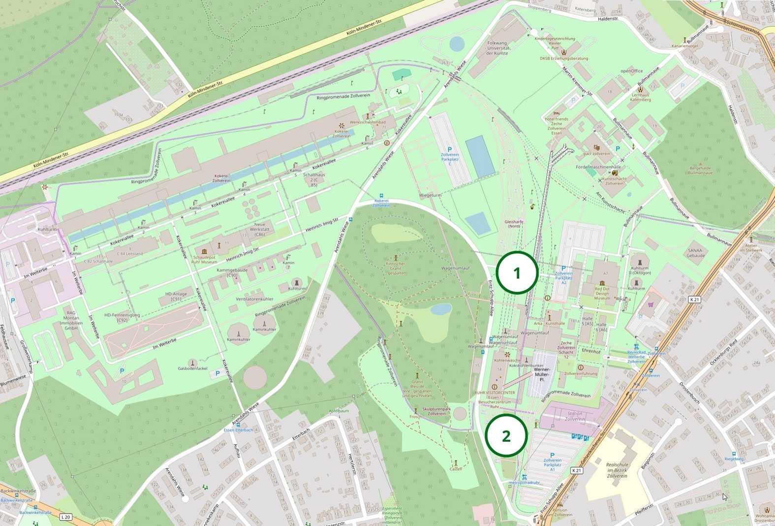 1. Nördliche Gleisharfe
2. Südliche Gleisharfe
Basierend auf einer Landkarte © OpenStreetMap-Beitragende