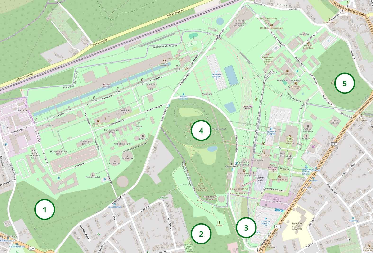 1. Südwestliches Waldstück (ohne Beschreibung)
2. Südliches Waldstück (ohne Beschreibung)
3. Schmales Waldstück an der Fritz-Schupp-Allee
4. Wald auf der Halde zwischen Schacht XII und Kokerei (Skulpturenwald)
5. Wald auf der Halde Zollverein 1/2/8
Basierend auf einer Landkarte © OpenStreetMap-Beitragende