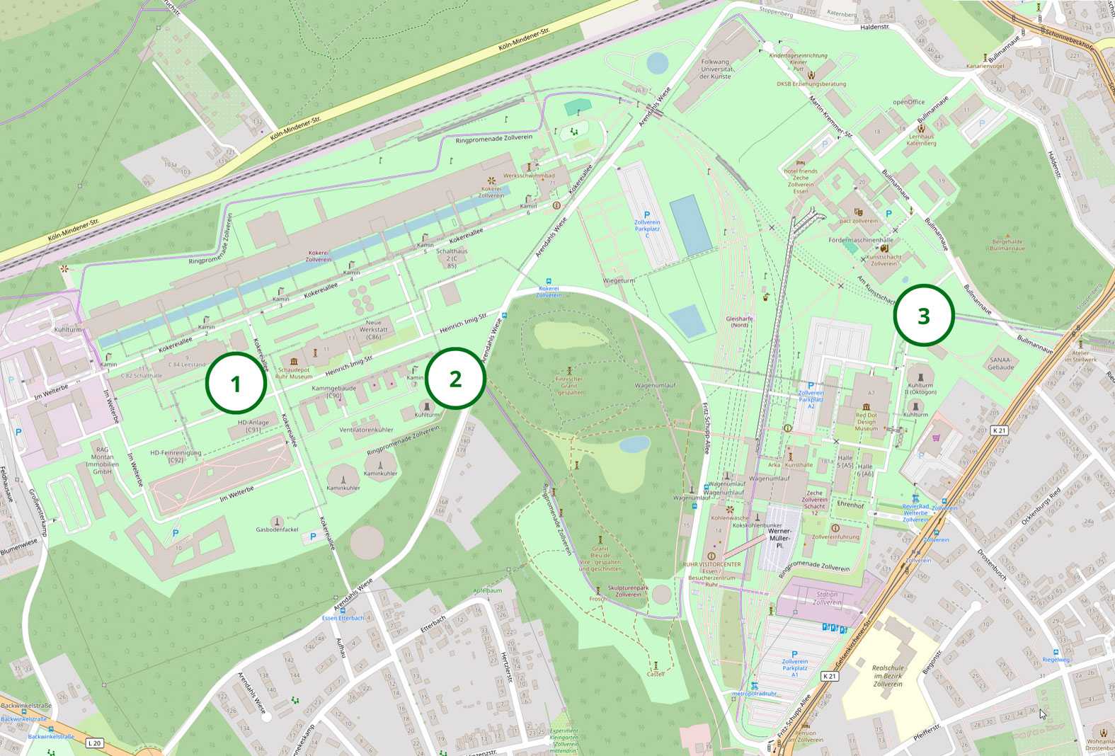 1. Wiese an der Grand Hall Zollverein
2. Wiese am östlichen Kühlturm
3. Wiesen an der Bullmannaue
Basierend auf einer Landkarte © OpenStreetMap-Beitragende