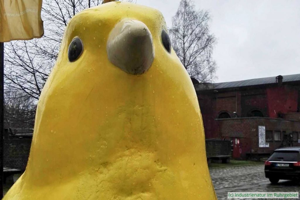 Kanarienvogel-Skulptur mit Reparaturspuren an der Kehle, 27.01.2019