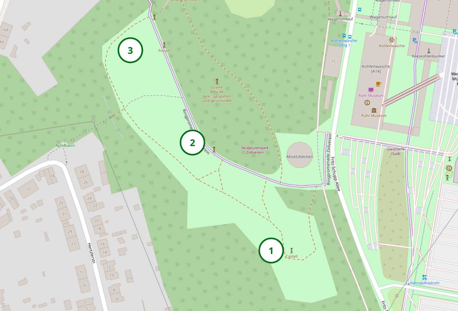 1. Temporärgewässer am Castell
2. Temporärgewässer in der Mitte der Halde
3. Temporärgewässer im nördlichen Abschnitt der Halde
Basierend auf einer Landkarte © OpenStreetMap-Beitragende