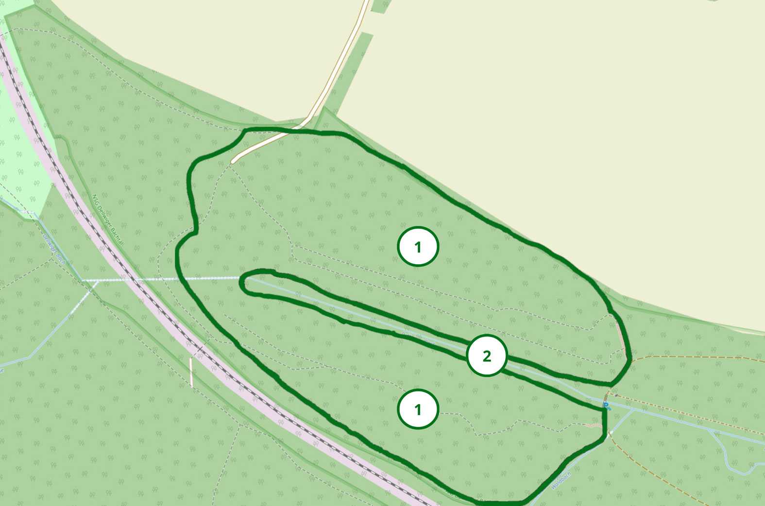 1. Industriewald
2. Einschnitt mit Dellwiger Bach

Basierend auf einer Landkarte © OpenStreetMap-Beitragende